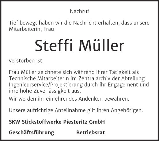 Traueranzeige von Steffi Müller von Super Sonntag Wittenberg