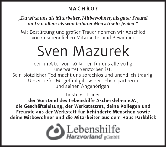Traueranzeige von Sven Mazurek von Super Sonntag Aschersleben
