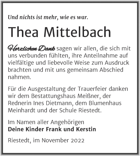 Traueranzeige von Thea Mittelbach von Trauerkombi Sangerhausen