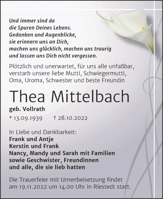 Traueranzeige von Thea Mittelbach von Trauerkombi Sangerhausen