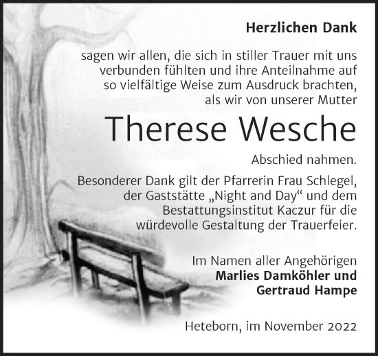 Traueranzeige von Therese Wesche von Trauerkombi Quedlinburg