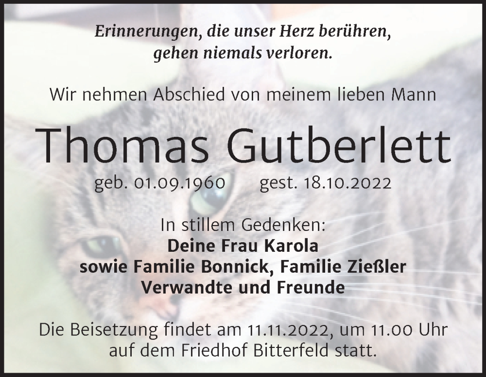  Traueranzeige für Thomas Gutberlett vom 02.11.2022 aus Wochenspiegel Bitterfeld
