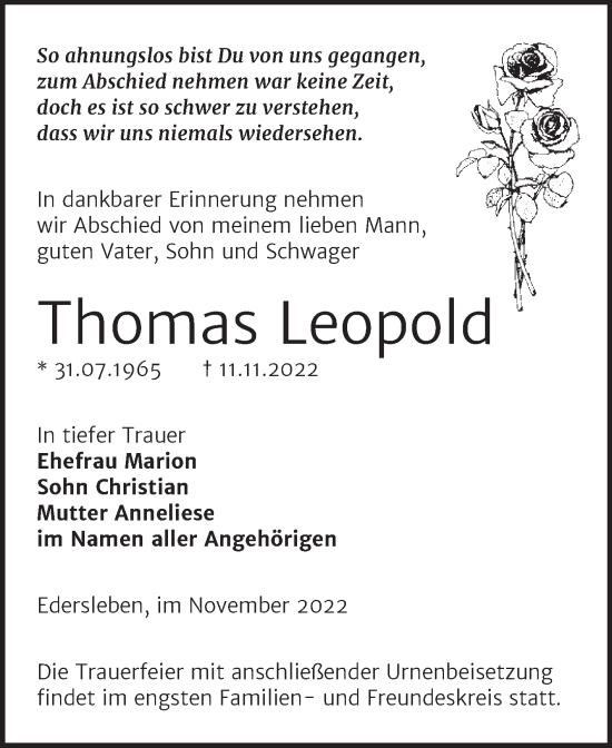 Traueranzeige von Thomas Leopold von Super Sonntag Sangerhausen