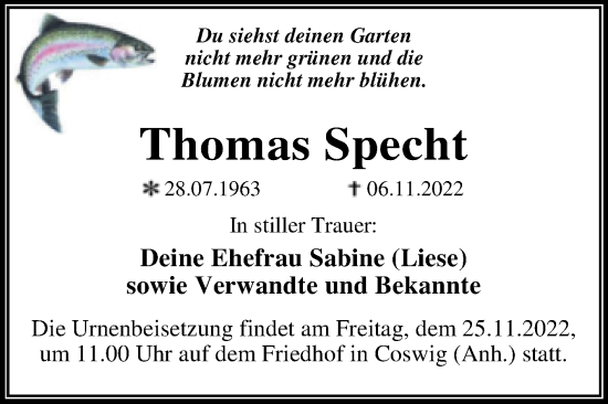 Traueranzeige von Thomas Specht von Trauerkombi Wittenberg