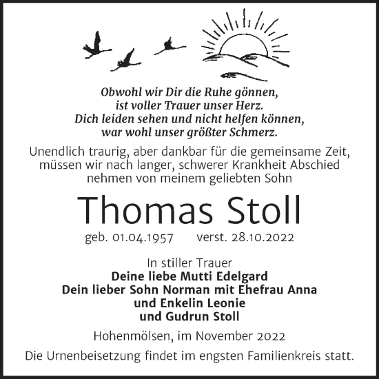 Traueranzeige von Thomas Stoll von Trauerkombi Weißenfels