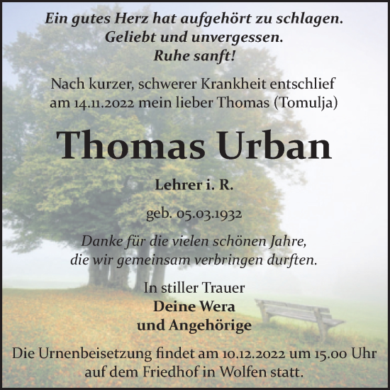 Traueranzeige von Thomas Urban von Trauerkombi Bitterfeld