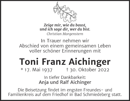 Traueranzeige von Toni Franz Aichinger von Trauerkombi Wittenberg