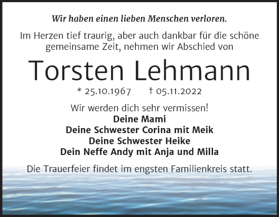 Traueranzeige von Torsten Lehmann von Trauerkombi Wittenberg