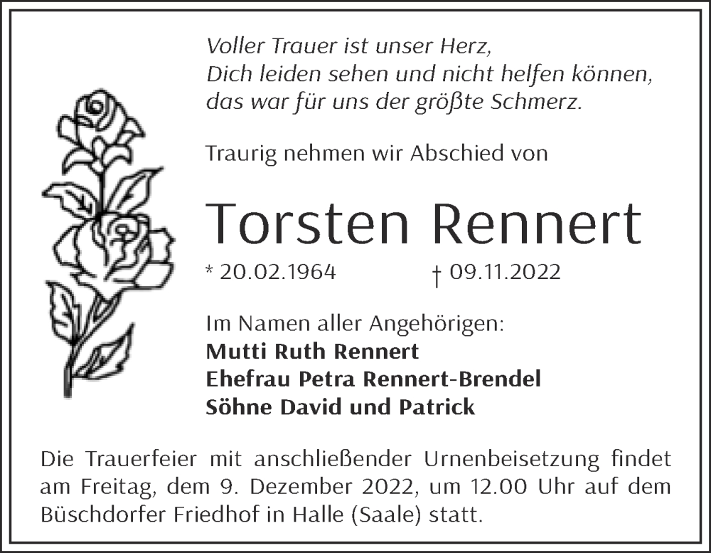  Traueranzeige für Torsten Rennert vom 26.11.2022 aus Mitteldeutsche Zeitung Halle/Saalkreis