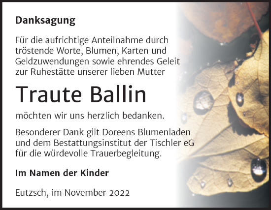 Traueranzeige von Traute Ballin von Trauerkombi Wittenberg