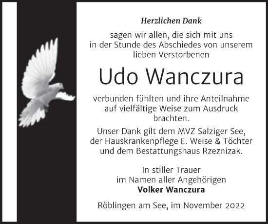 Traueranzeige von Udo Wanczura von Trauerkombi Mansfelder Land