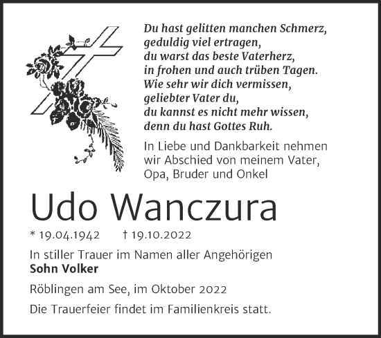 Traueranzeige von Udo Wanczura von Trauerkombi Mansfelder Land