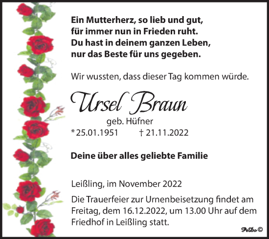 Traueranzeige von Ursel Braun von Trauerkombi Weißenfels