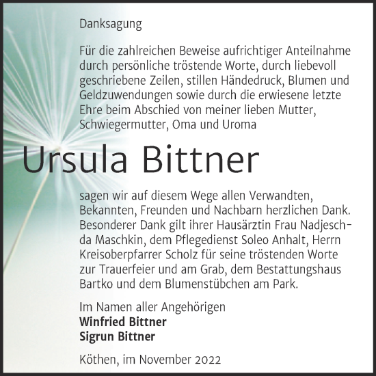 Traueranzeige von Ursula Bittner von Trauerkombi Köthen