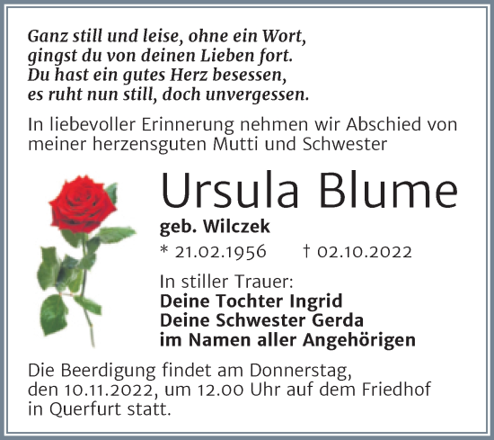 Traueranzeige von Ursula Blume von Trauerkombi Merseburg