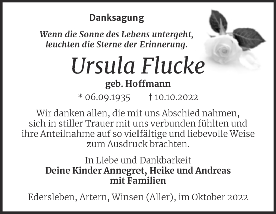Traueranzeige von Ursula Flucke von Trauerkombi Sangerhausen