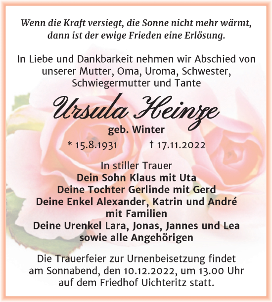 Traueranzeige von Ursula Heinze von Trauerkombi Weißenfels