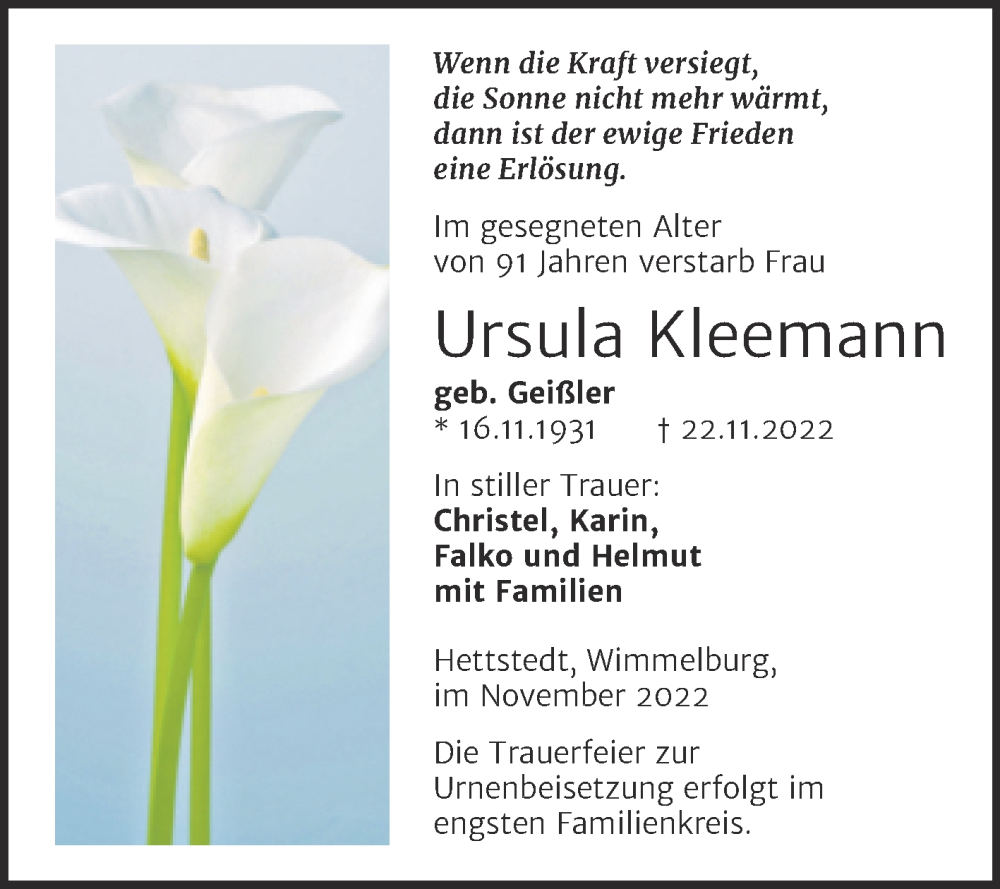  Traueranzeige für Ursula Kleemann vom 30.11.2022 aus Trauerkombi Mansfelder Land