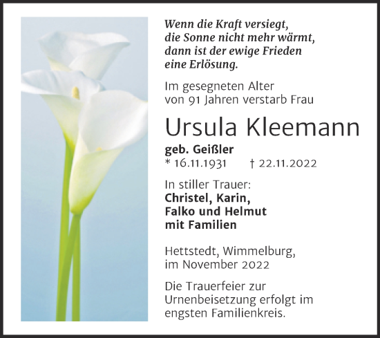 Traueranzeige von Ursula Kleemann von Trauerkombi Mansfelder Land