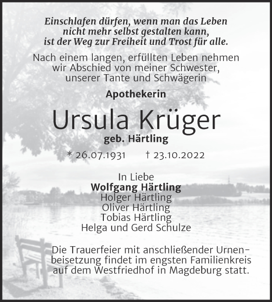 Traueranzeige von Ursula Krüger von Trauerkombi Quedlinburg