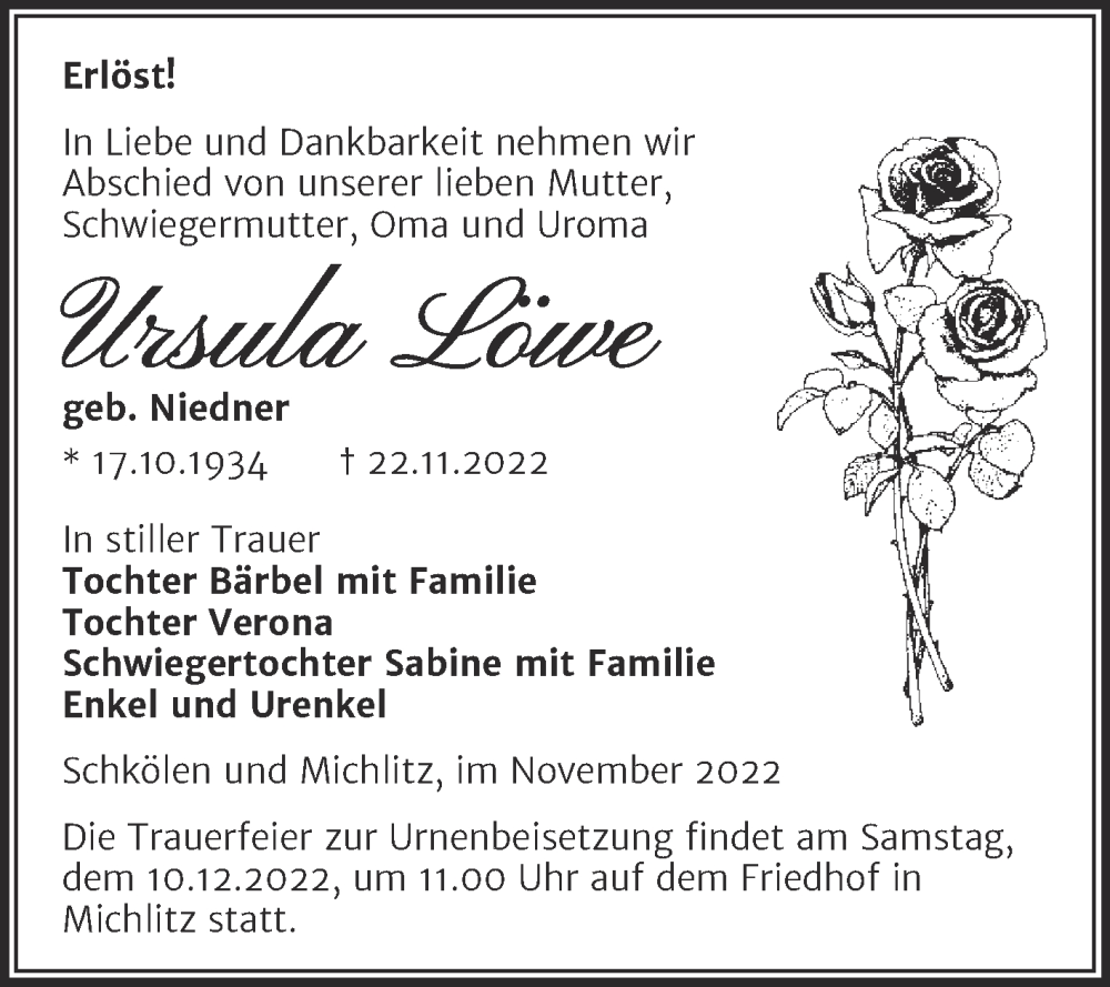  Traueranzeige für Ursula Löwe vom 26.11.2022 aus Trauerkombi Merseburg