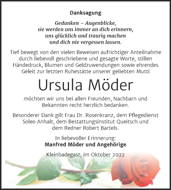 Traueranzeige von Ursula Möder von Trauerkombi Köthen
