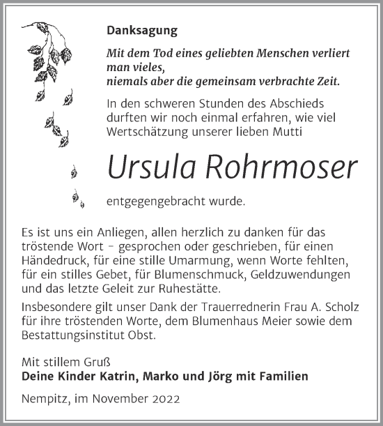 Traueranzeige von Ursula Rohrmoser von Trauerkombi Merseburg