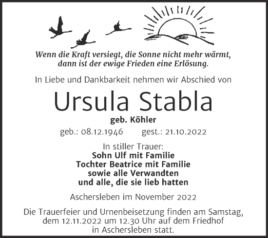 Traueranzeige von Ursula Stabla von Trauerkombi Aschersleben