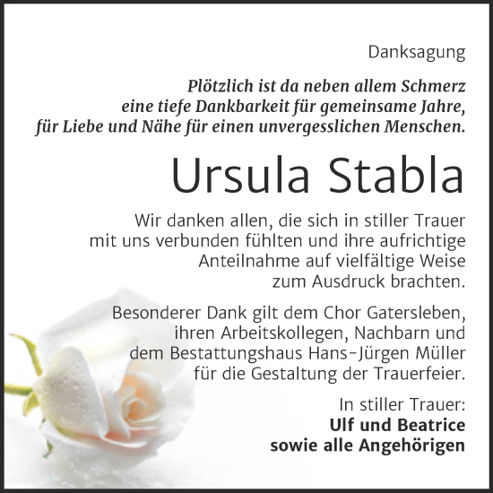 Traueranzeige von Ursula Stabla von Trauerkombi Aschersleben