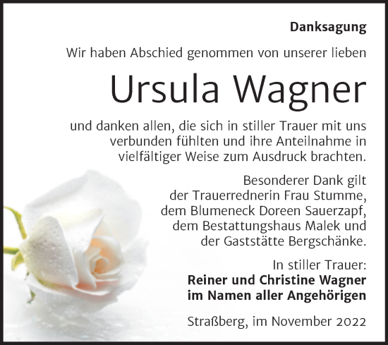 Traueranzeige von Ursula Wagner von Trauerkombi Quedlinburg