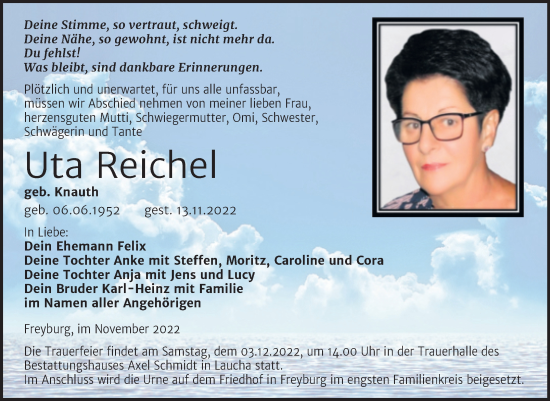 Traueranzeige von Uta Reichel von Wochenspiegel Naumburg/Nebra