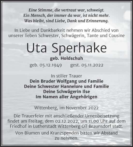 Traueranzeige von Uta Sperhake von Super Sonntag Zeitz