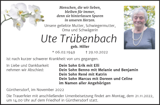 Traueranzeige von Ute Trübenbach von Trauerkombi Merseburg