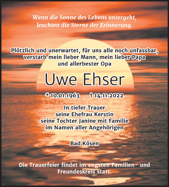 Traueranzeige von Uwe Ehser von Wochenspiegel Naumburg/Nebra