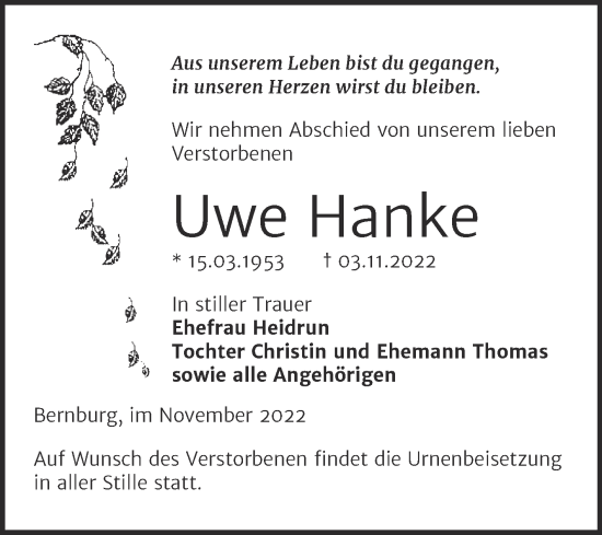 Traueranzeige von Uwe Hanke von Trauerkombi Bernburg