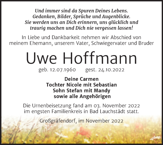 Traueranzeige von Uwe Hoffmann von Trauerkombi Merseburg