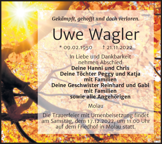 Traueranzeige von Uwe Wagler von Wochenspiegel Naumburg/Nebra