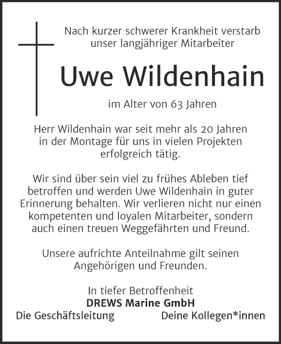 Traueranzeige von Uwe Wildenhain von Mitteldeutsche Zeitung