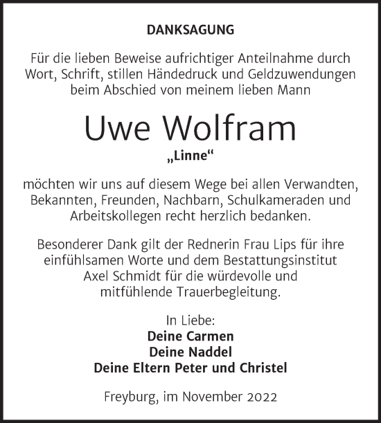 Traueranzeige von Uwe Wolfram von Wochenspiegel Naumburg/Nebra