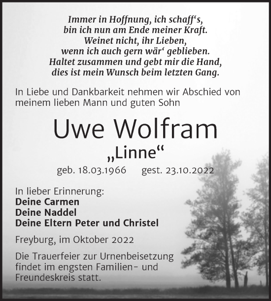 Traueranzeige von Uwe Wolfram von Wochenspiegel Naumburg/Nebra