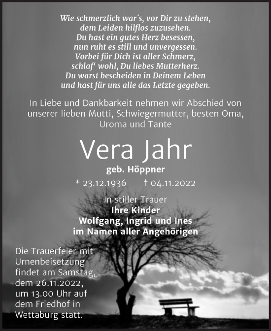 Traueranzeige von Vera Jahr von Wochenspiegel Naumburg/Nebra