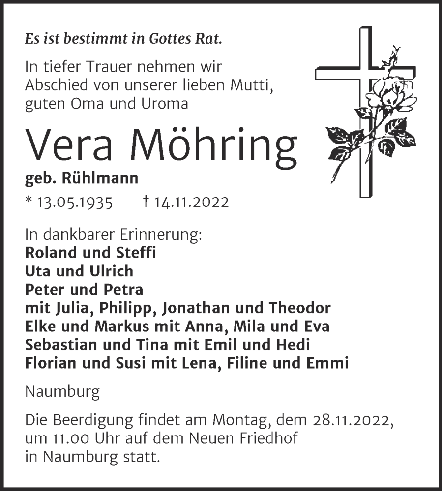  Traueranzeige für Vera Möhring vom 19.11.2022 aus Naumburger Tageblatt