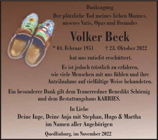 Traueranzeige von Volker Beck von Trauerkombi Quedlinburg