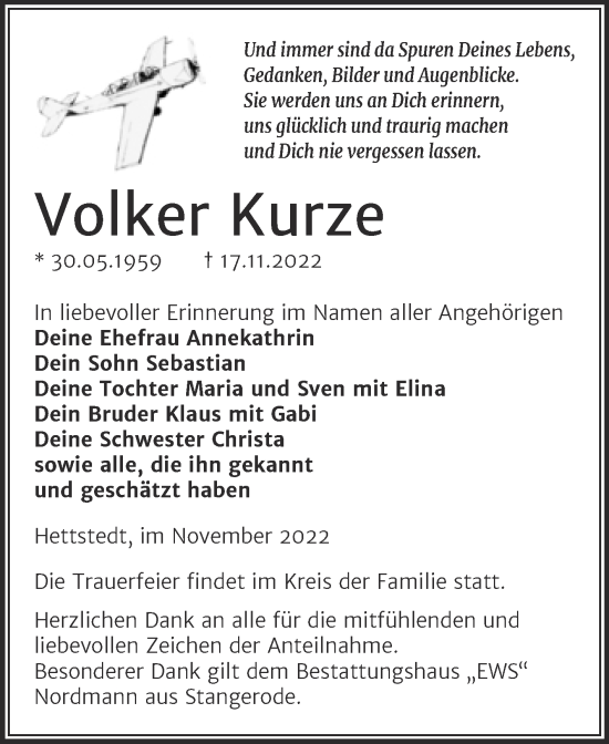 Traueranzeige von Volker Kurze von Trauerkombi Mansfelder Land