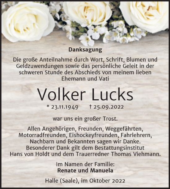 Traueranzeige von Volker Lucks von Mitteldeutsche Zeitung Halle/Saalkreis
