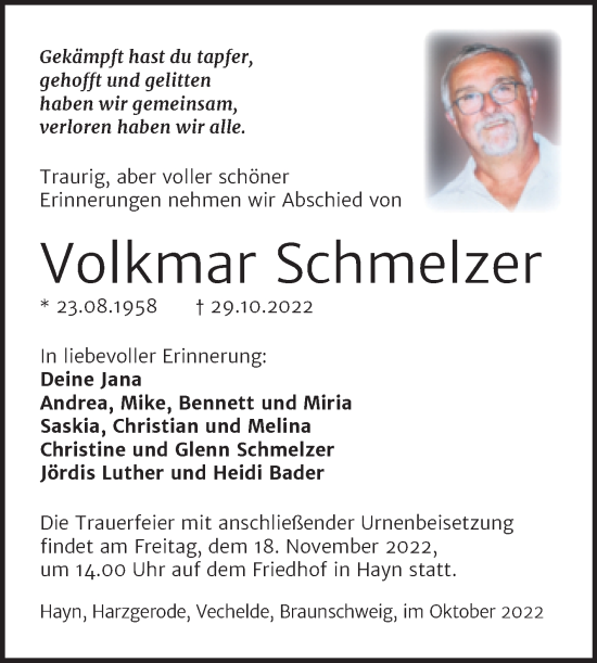 Traueranzeige von Volkmar Schmelzer von Trauerkombi Sangerhausen