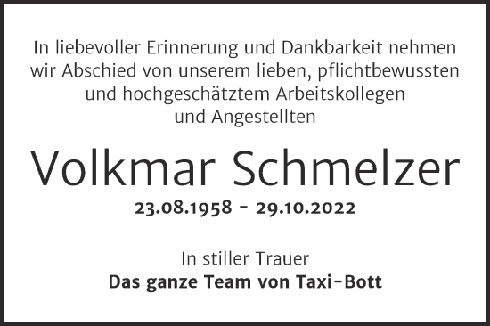 Traueranzeige von Volkmar Schmelzer von Wochenspiegel Sangerhausen