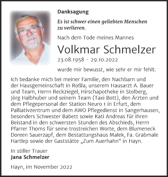 Traueranzeige von Volkmar Schmelzer von Trauerkombi Sangerhausen