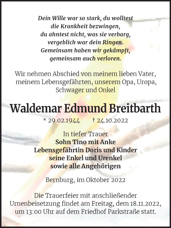 Traueranzeige von Waldemar Edmund Breitbarth von Trauerkombi Bernburg
