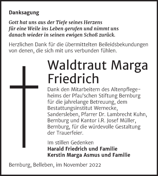Traueranzeige von Waldtraut Marga Friedrich von Trauerkombi Bernburg